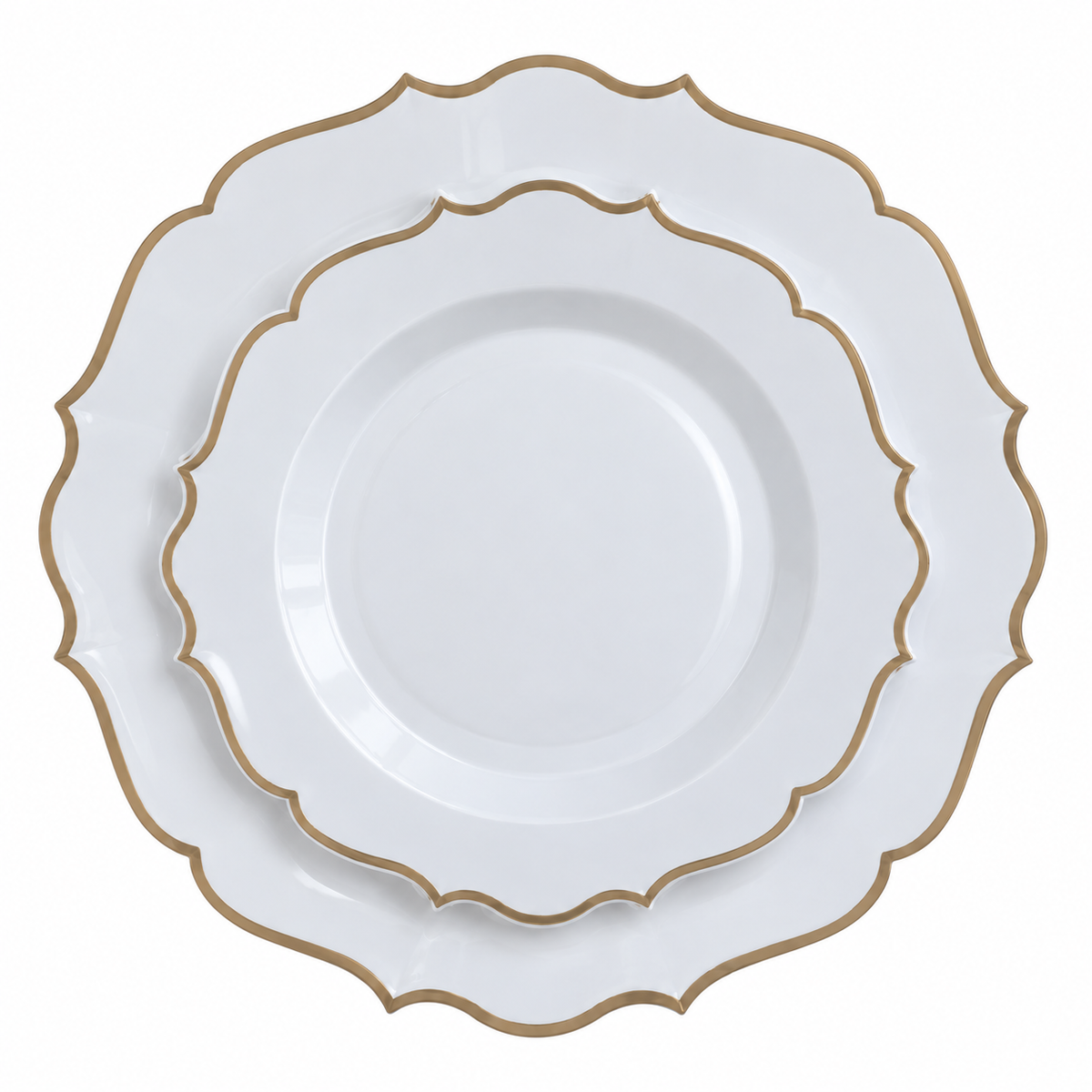 White Gold Scallop Plastic Plates | 10 Big 10 Small