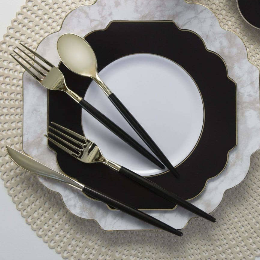 Scalloped Black Gold Appetizer Plastic Plates | 10 Pack