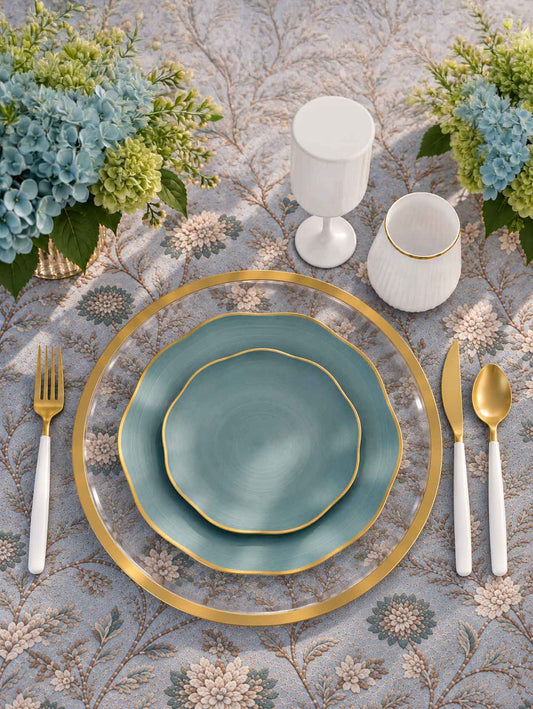 Gold Teal Ripple Plastic Plates | 10 Big 10 Small