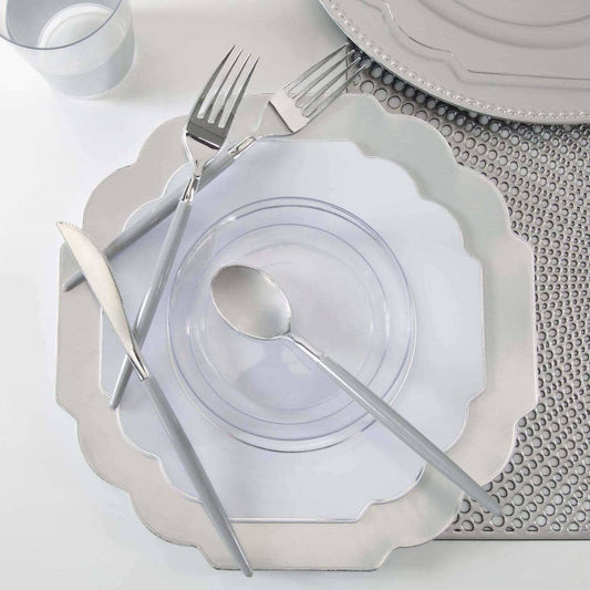 Scalloped Clear Silver Plastic Appetizer  Plates | 10 Pack