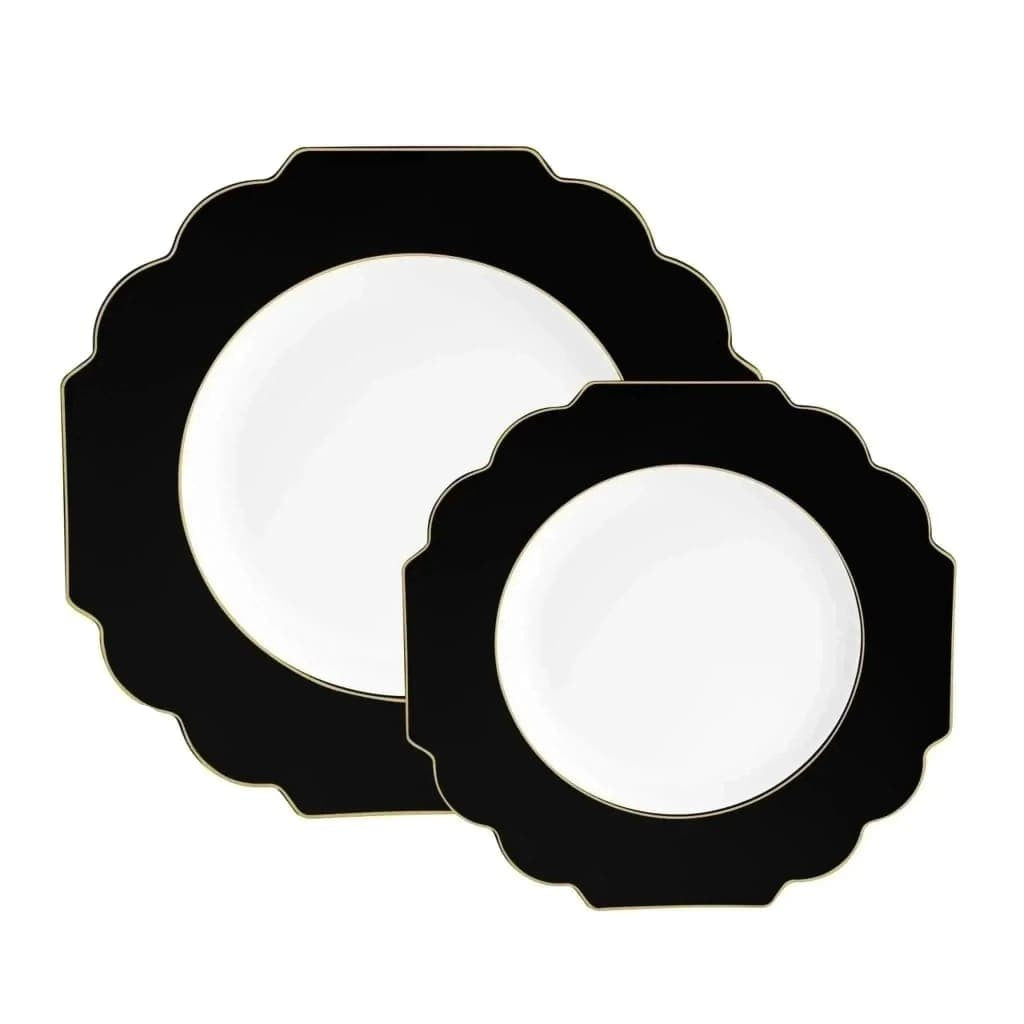 Scalloped Black Gold Appetizer Plastic Plates | 10 Pack