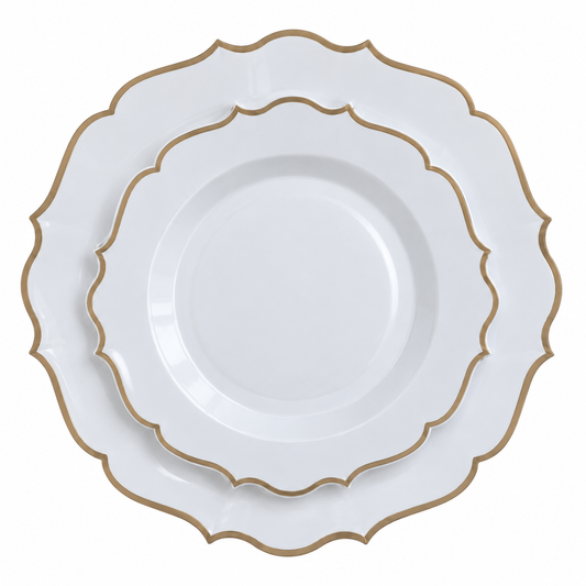 White Gold Scallop Plastic Plates | 10 Big 10 Small