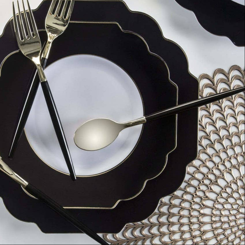 Scalloped Black Gold Appetizer Plastic Plates | 10 Pack