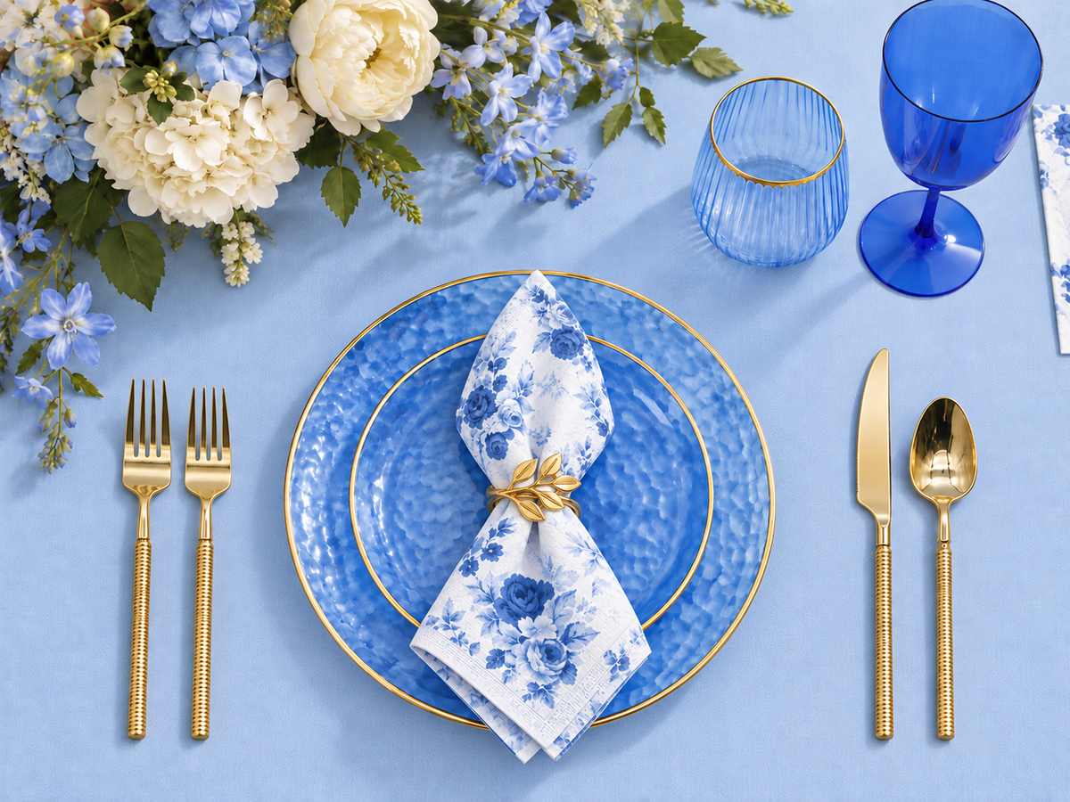 Transparent Blue Gold Hammered Plastic Plates | 10 Big 10 Small